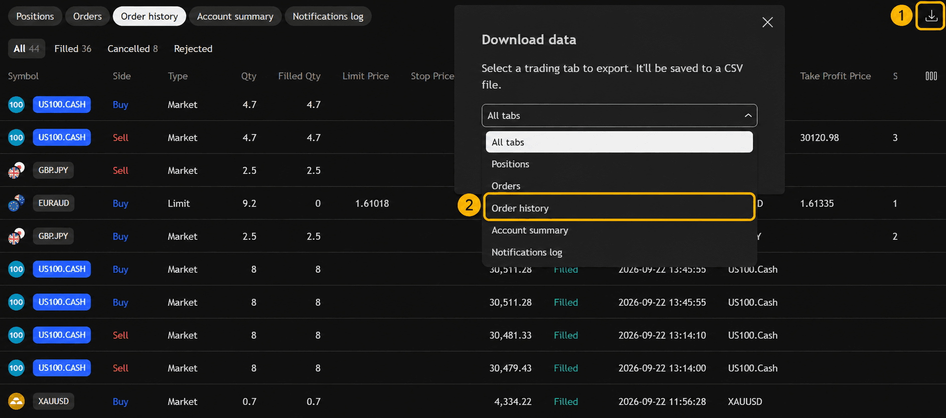 TradingView broker panel with the download arrow and Order history option highlighted